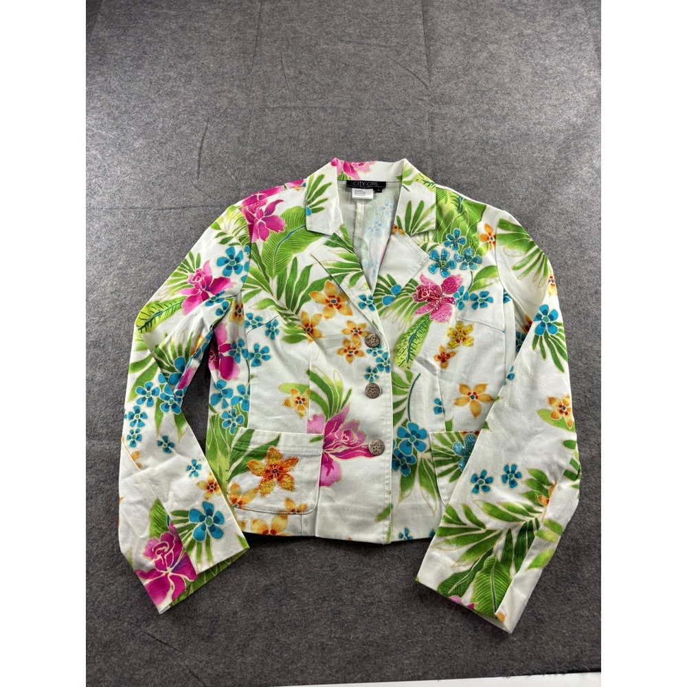 City Girl Nancy Bolen Tropical Floral Sequin Blazer‎ Jacket White Pink Green S